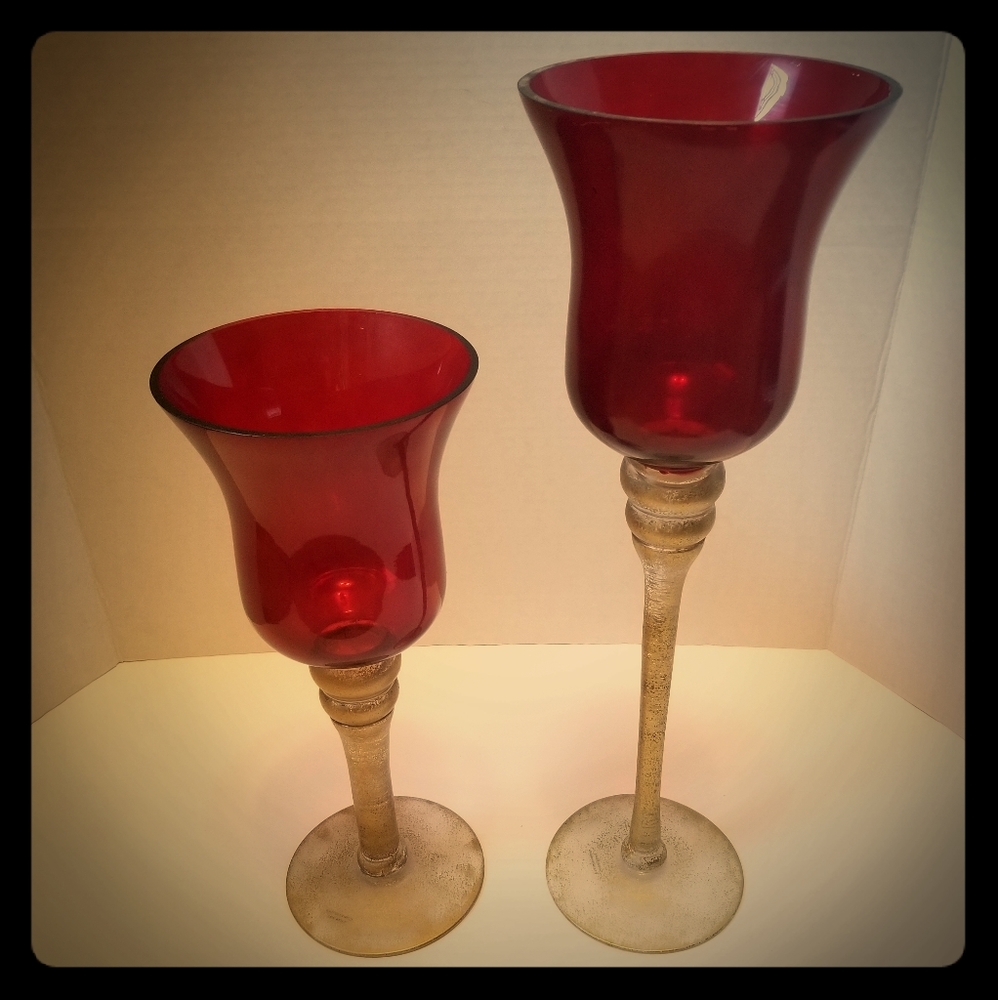 Set/2 Red Gold HOLLYWOOD REGENCY Candle Holders